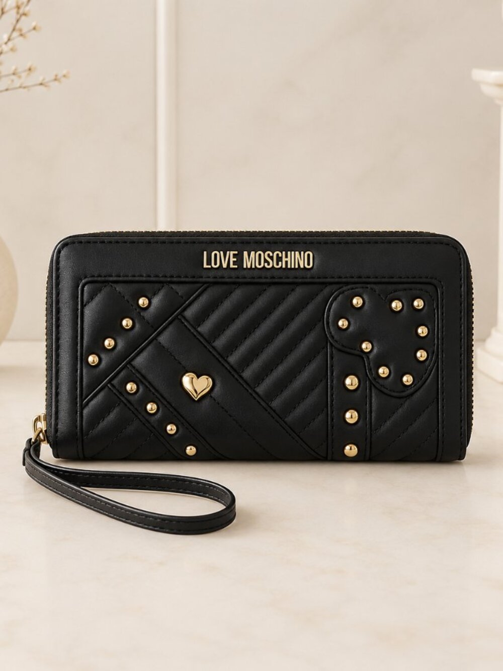 Love Moschino Black Quilted Heart Stud Zip Around Wallet Gold NWT